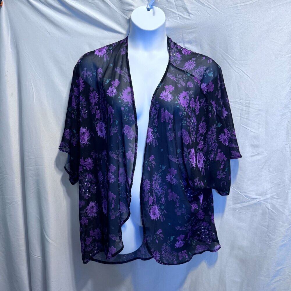 Purple Floral Sheer Kimono Cardigan Chiffon Open Front Boho Layering Top OS